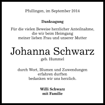Anzeige von Johanna Schwarz von Reutlinger Generalanzeiger