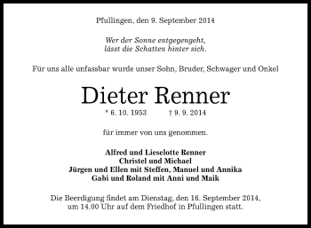 Anzeige von Dieter Renner von Reutlinger Generalanzeiger