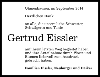 Anzeige von Gertrud Eissler von Reutlinger Generalanzeiger