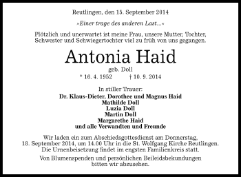 Anzeige von Antonia Haid von Reutlinger Generalanzeiger