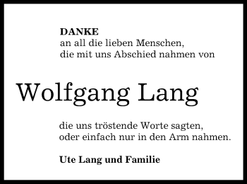 Anzeige von Wolfgang Lang von Reutlinger Generalanzeiger
