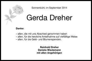 Anzeige von Gerda Dreher von Reutlinger Generalanzeiger
