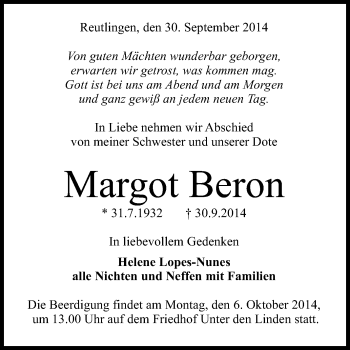 Anzeige von Margot Beron von Reutlinger Generalanzeiger