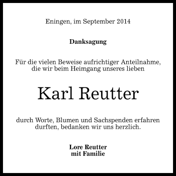 Anzeige von Karl Reutter von Reutlinger Generalanzeiger