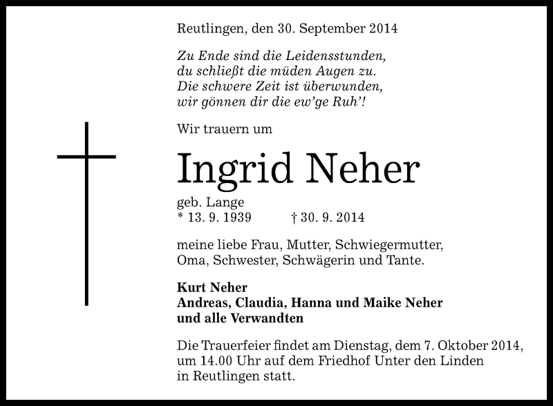  Traueranzeige für Ingrid Neher vom 04.10.2014 aus Reutlinger Generalanzeiger