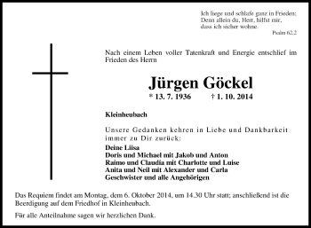 Anzeige von Jürgen Göckel von Reutlinger Generalanzeiger