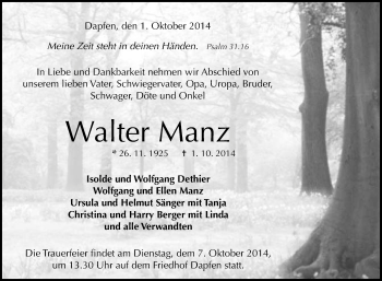 Anzeige von Walter Manz von Reutlinger Generalanzeiger