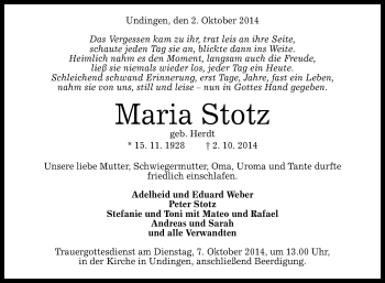 Anzeige von Maria Stotz von Reutlinger Generalanzeiger