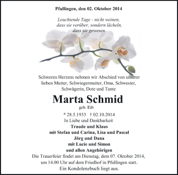 Anzeige von Marta Schmid von Reutlinger Generalanzeiger