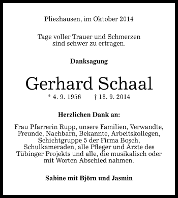 Anzeige von Gerhard Schaal von Reutlinger Generalanzeiger