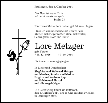 Anzeige von Lore Metzger von Reutlinger Generalanzeiger