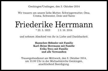 Anzeige von Friederike Herrmann von Reutlinger Generalanzeiger
