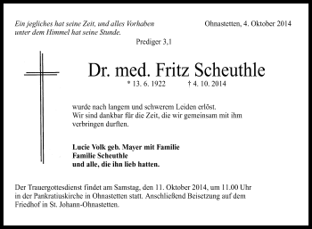 Anzeige von Fritz Scheuthle von Reutlinger Generalanzeiger
