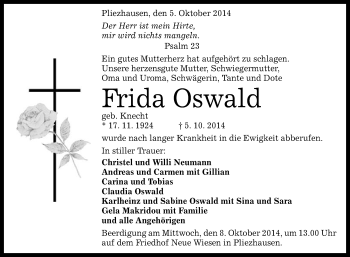 Anzeige von Frida Oswald von Reutlinger Generalanzeiger