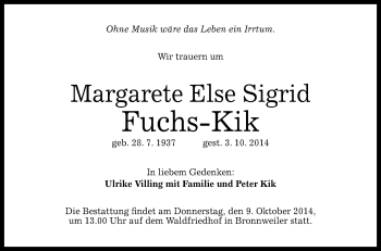 Anzeige von Margarete Else Sigrid Fuchs-Kik von Reutlinger Generalanzeiger
