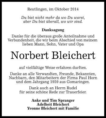 Anzeige von Norbert Bleichert von Reutlinger Generalanzeiger