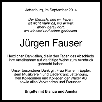 Anzeige von Jürgen Fauser von Reutlinger Generalanzeiger