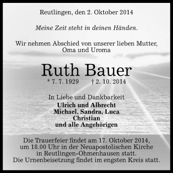 Anzeige von Ruth Bauer von Reutlinger Generalanzeiger