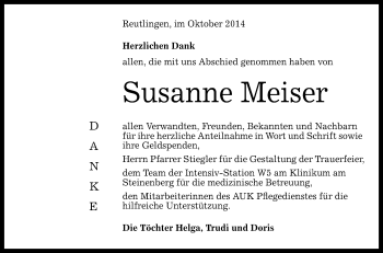 Anzeige von Susanne Meiser von Reutlinger Generalanzeiger