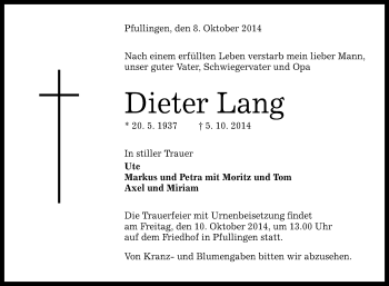 Anzeige von Dieter Lang von Reutlinger Generalanzeiger