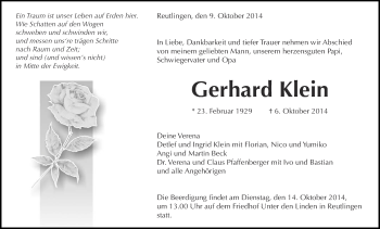 Anzeige von Gerhard Klein von Reutlinger Generalanzeiger