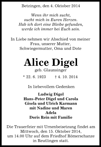 Anzeige von Alice Digel von Reutlinger Generalanzeiger