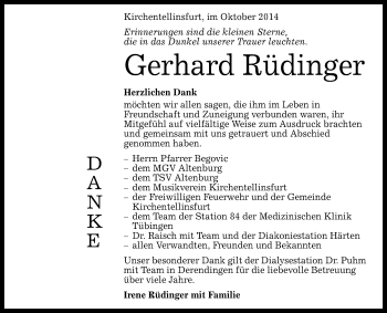 Anzeige von Gerhard Rüdinger von Reutlinger Generalanzeiger
