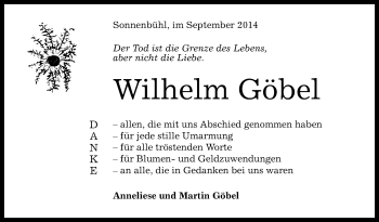 Anzeige von Wilhelm Göbel von Reutlinger Generalanzeiger