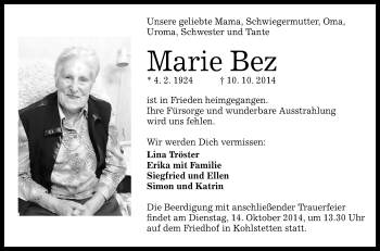 Anzeige von Marie Bez von Reutlinger Generalanzeiger