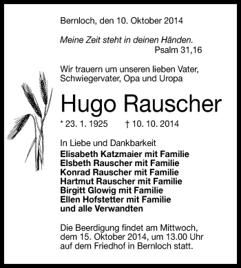 Anzeige von Hugo Rauscher von Reutlinger Generalanzeiger