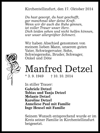 Anzeige von Manfred Detzel von Reutlinger Generalanzeiger