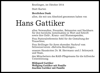 Anzeige von Hans Gattiker von Reutlinger Generalanzeiger