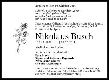 Anzeige von Nikolaus Busch von Reutlinger Generalanzeiger