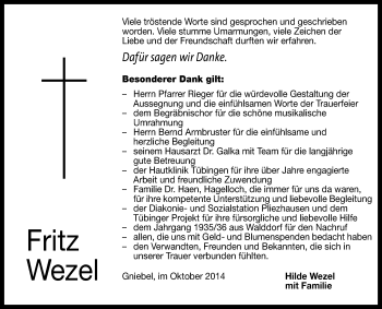 Anzeige von Fritz Wezel von Reutlinger Generalanzeiger