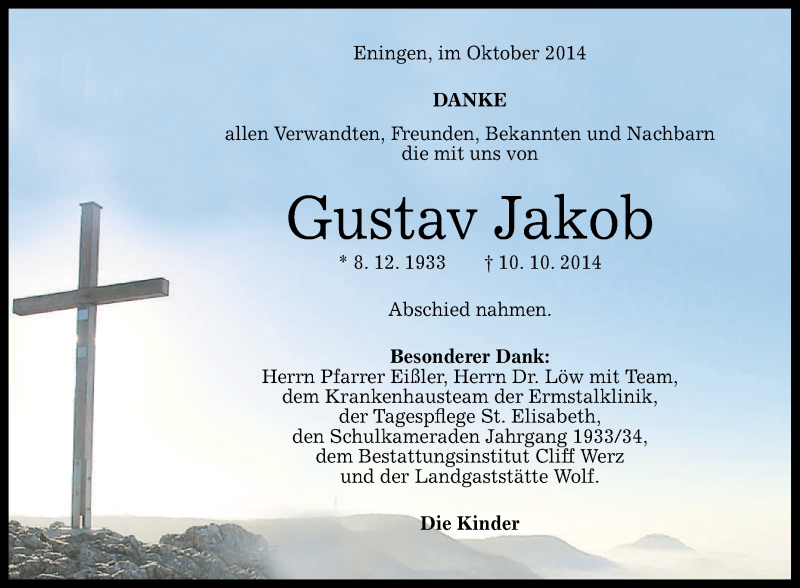  Traueranzeige für Gustav Jakob vom 25.10.2014 aus Reutlinger Generalanzeiger