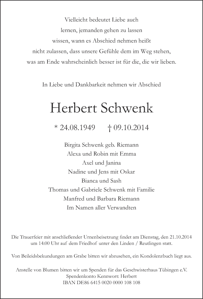  Traueranzeige für Herbert Schwenk vom 15.10.2014 aus Reutlinger Generalanzeiger