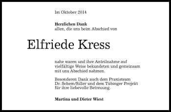 Anzeige von Elfriede Kress von Reutlinger Generalanzeiger
