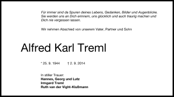 Anzeige von Alfred Karl Treml von Reutlinger Generalanzeiger