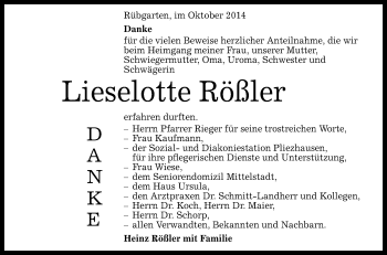 Anzeige von Lieselotte Rößler von Reutlinger Generalanzeiger