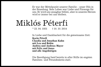 Anzeige von Miklós Péterfi von Reutlinger Generalanzeiger