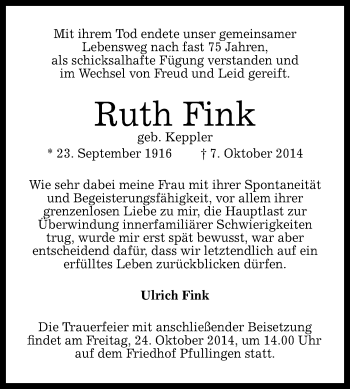 Anzeige von Ruth Fink von Reutlinger Generalanzeiger