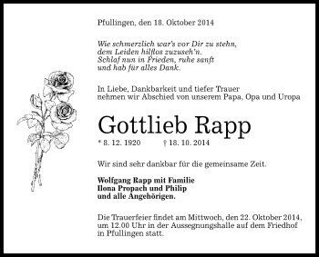 Anzeige von Gottlieb Rapp von Reutlinger Generalanzeiger