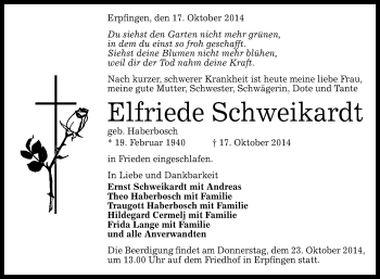 Anzeige von Elfriede Schweikhardt von Reutlinger Generalanzeiger