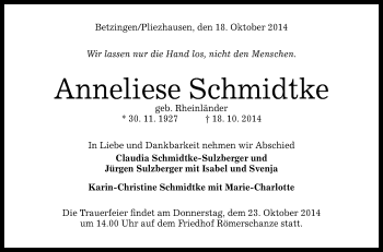 Anzeige von Anneliese Schmidtke von Reutlinger Generalanzeiger