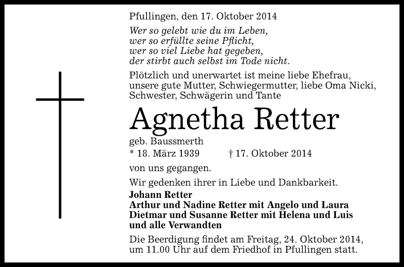  Traueranzeige für Agnetha Retter vom 21.10.2014 aus Reutlinger Generalanzeiger