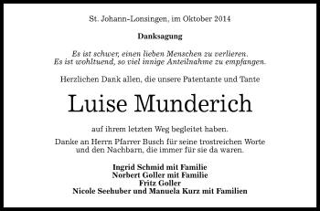 Anzeige von Luise Munderich von Reutlinger Generalanzeiger