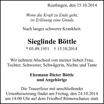 Anzeige von Sieglinde Böttle von Reutlinger Generalanzeiger