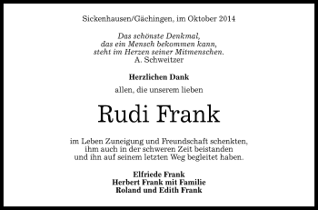Anzeige von Rudi Frank von Reutlinger Generalanzeiger