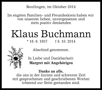 Anzeige von Klaus Buchmann von Reutlinger Generalanzeiger