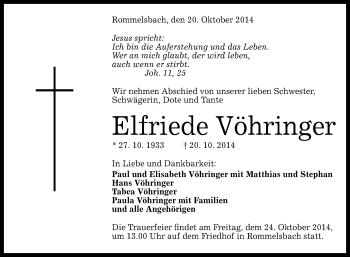 Anzeige von Elfriede Vöhringer von Reutlinger Generalanzeiger